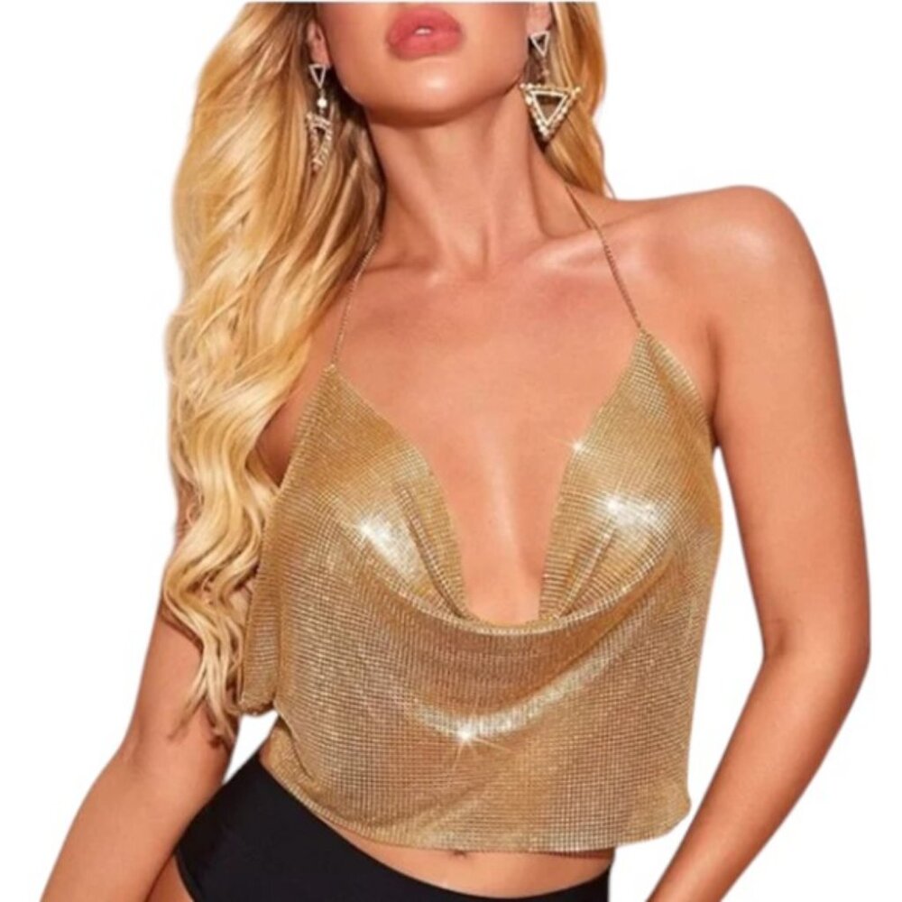 Princess Polly gold chain draped backless crop top OS